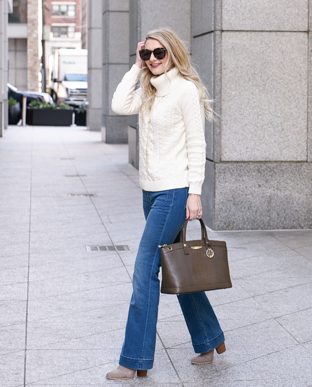 Downtown in a White Cable Knit Sweater - Sparkles and Shoes