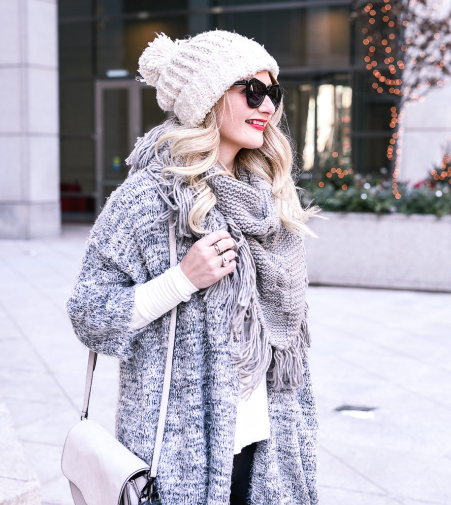 Grey Fringe Scarf and Oversized Sweater