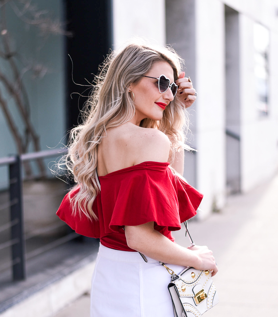 One Shoulder Ruffle Sleeve Red Top - Valentine's Day Outfit Idea