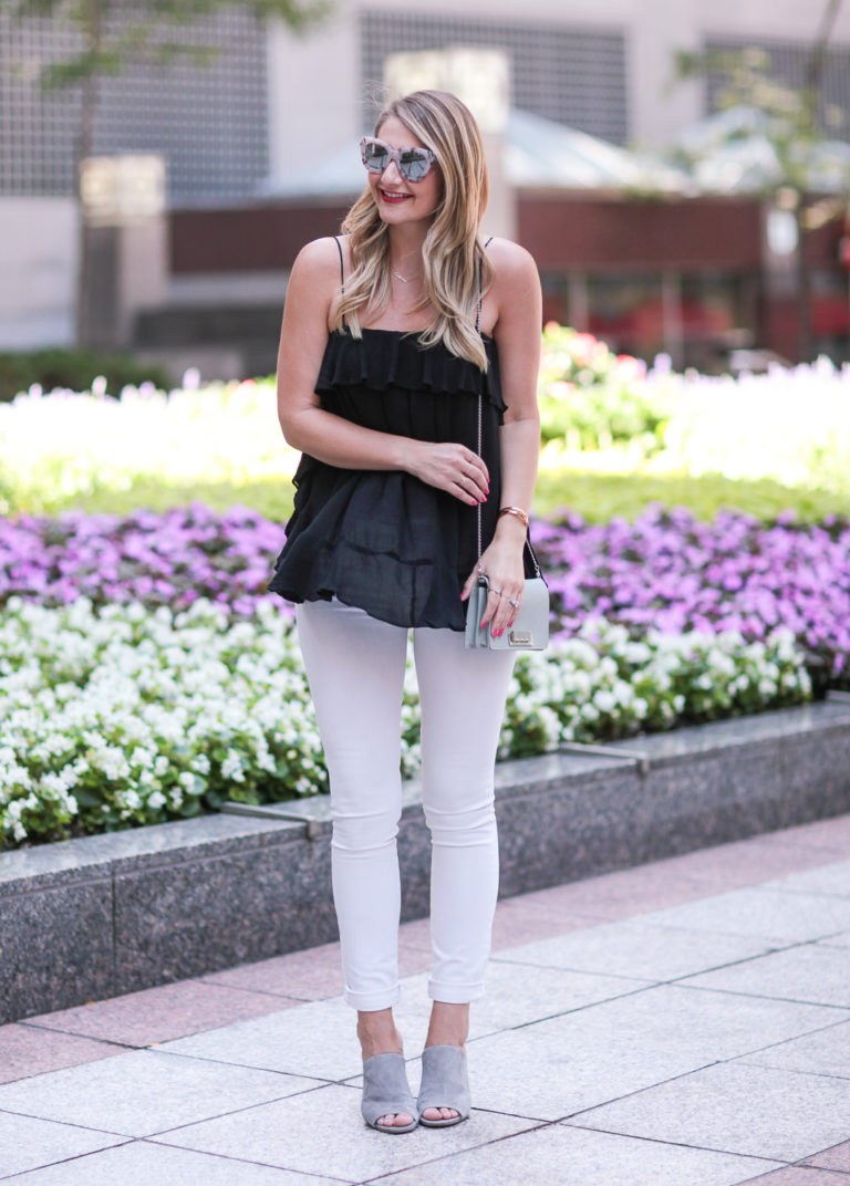 Black Ruffle Tank Top and White Skinny Jeans