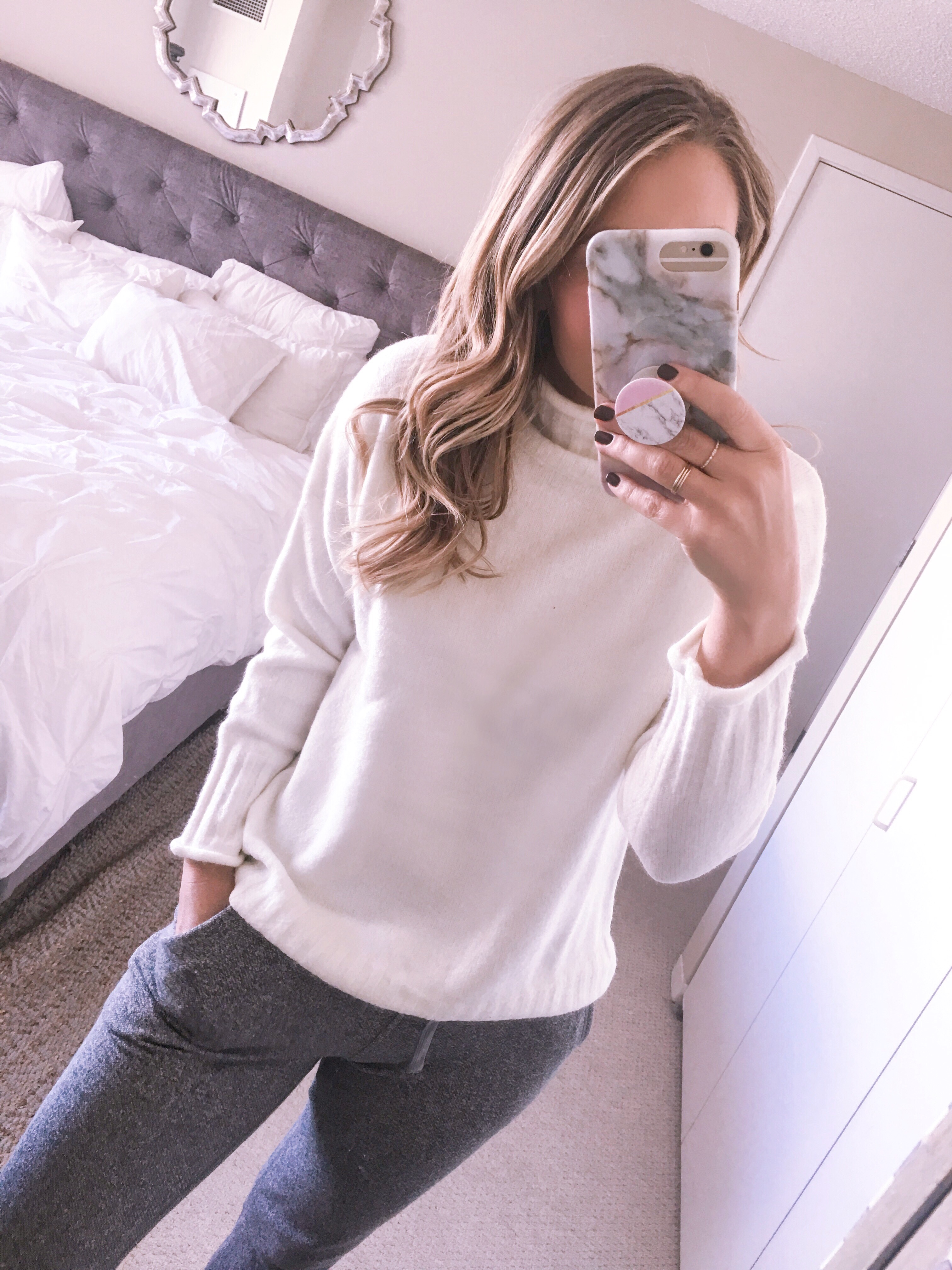 white mockneck sweater and grey terry UGG sweatpants - comfortable casual ootd