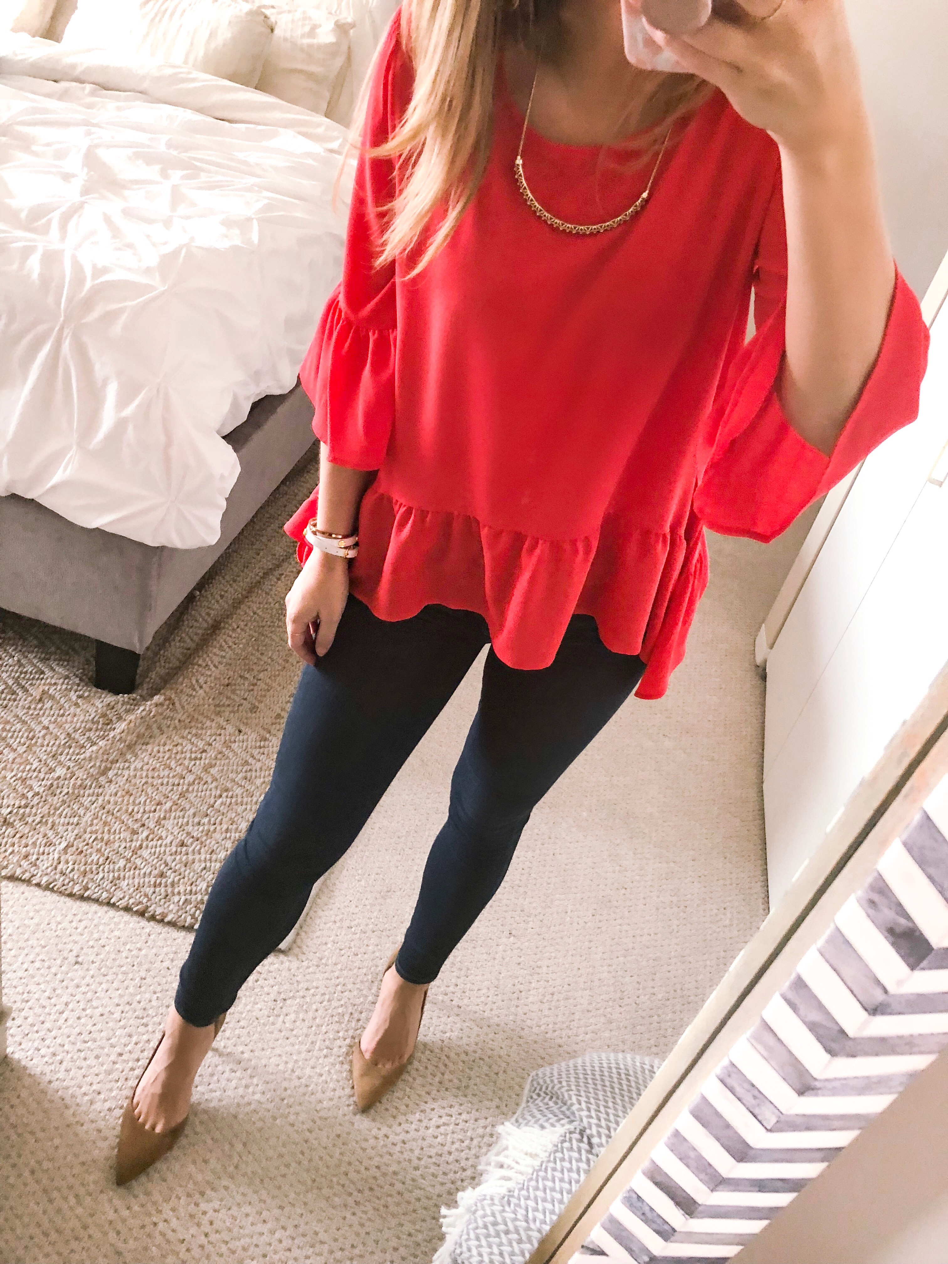 OOTD 2.8.17: Red Ruffled Top and Skinny Jeans