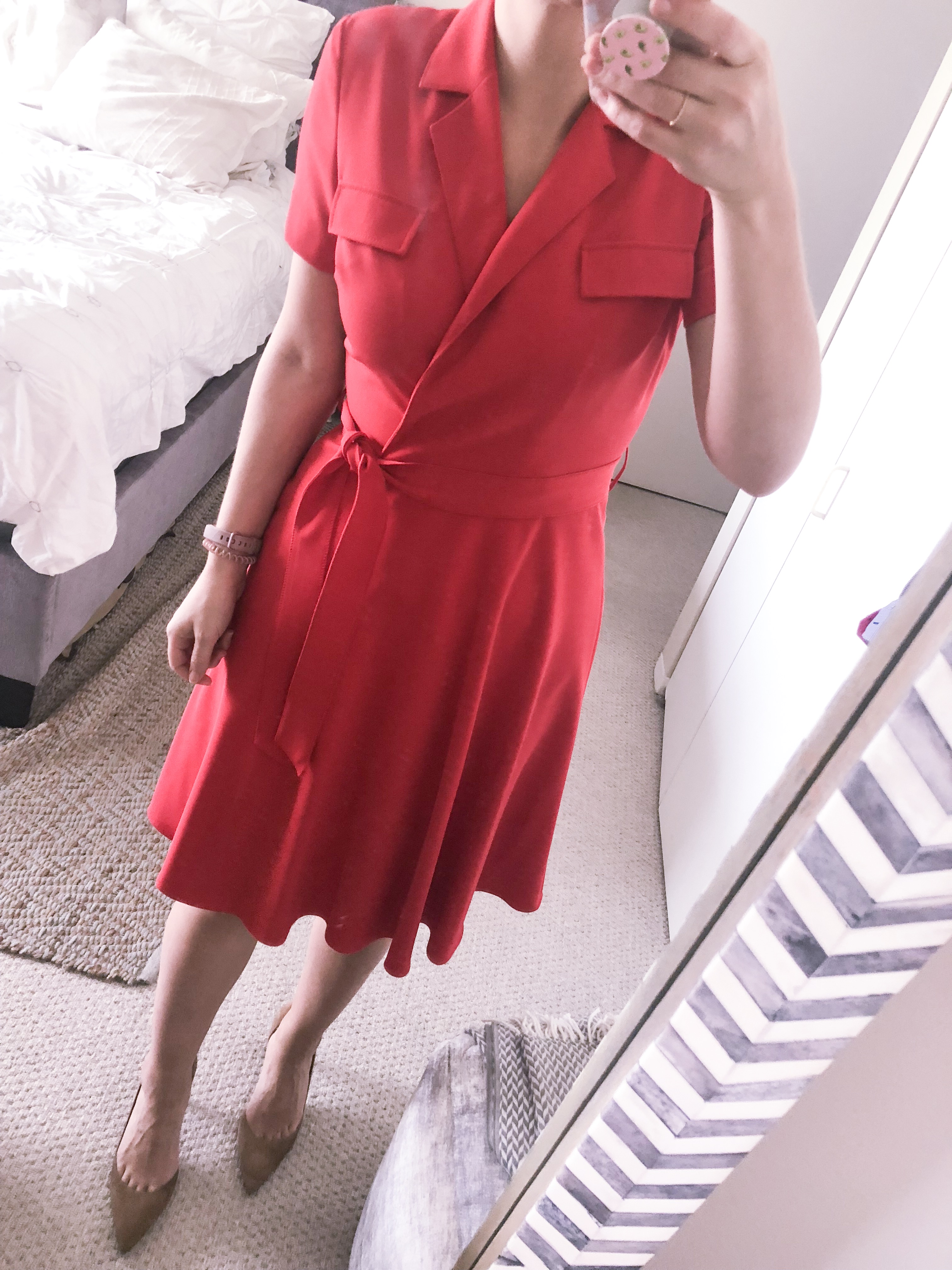 tahari red work dress with a tie waist