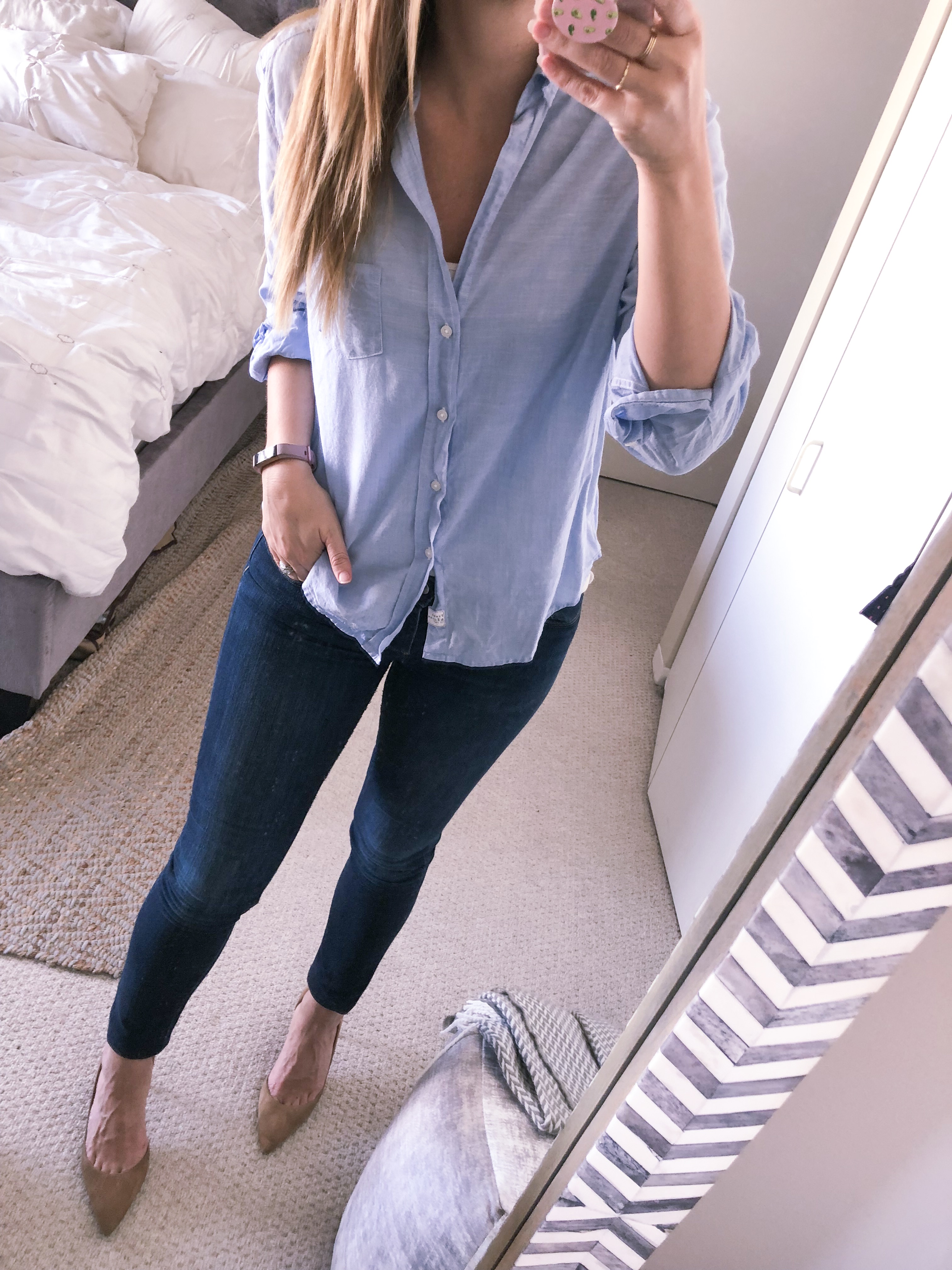 blue button down top