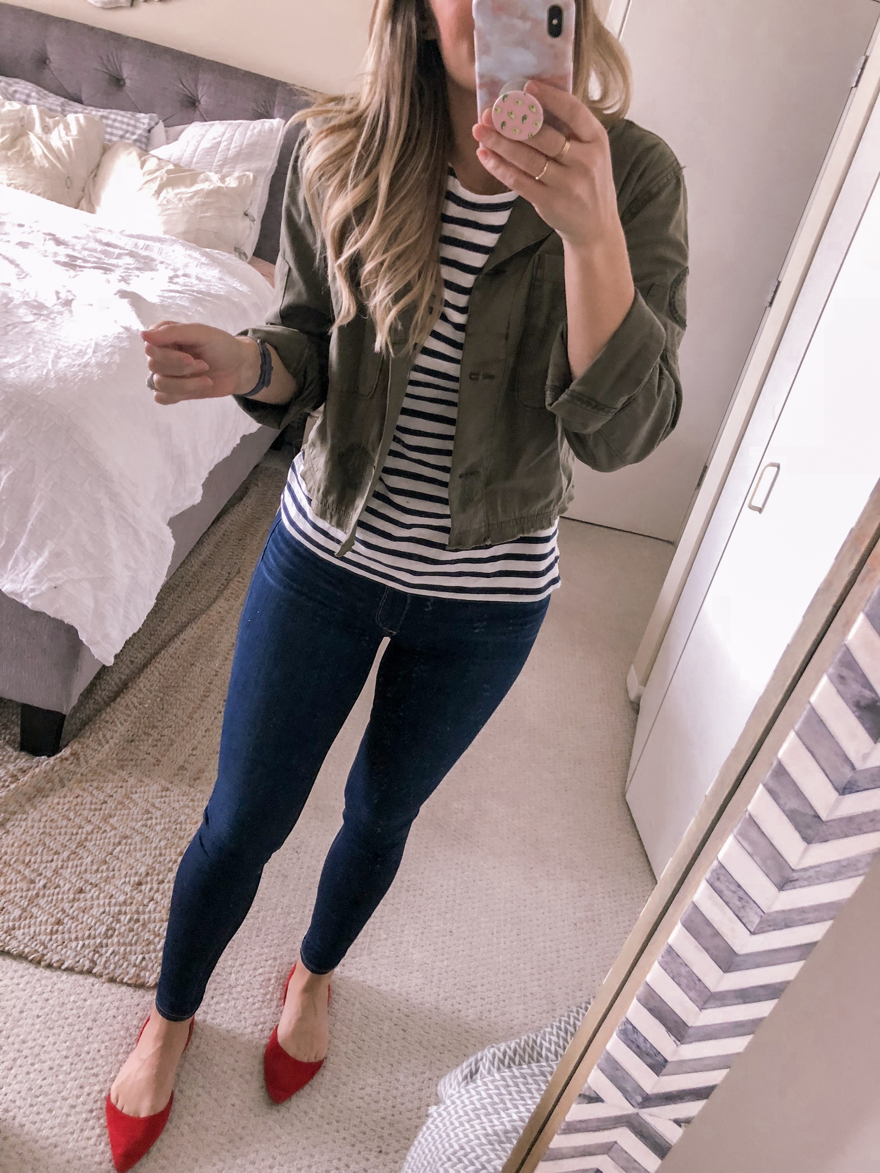 Transitional Spring Outfit Idea with Olive Jacket & Striped