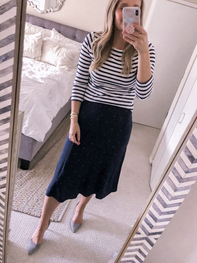 striped skirt with polka dot shirt