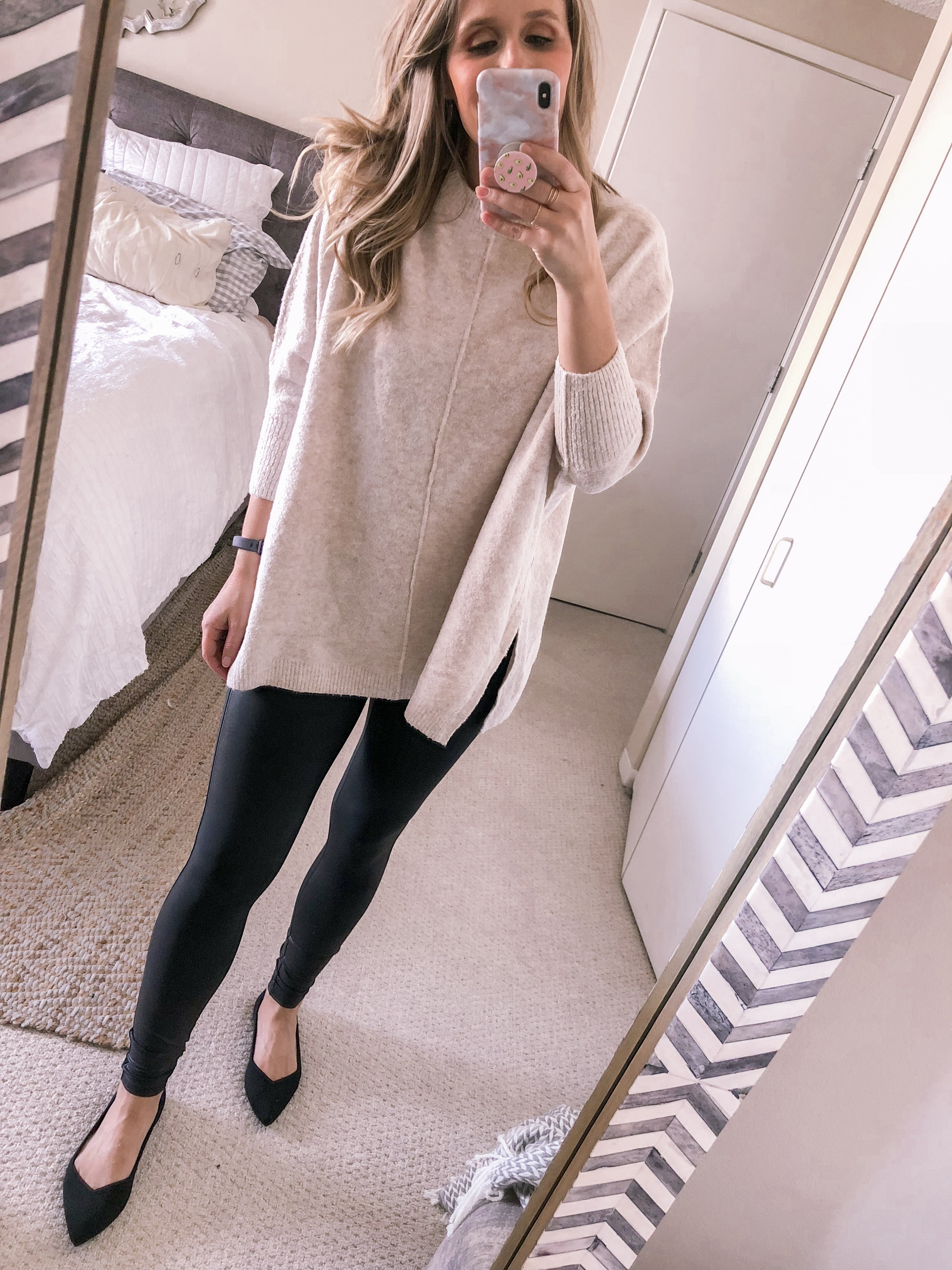 How to Wear Faux Leather Leggings with a Tunic Sweater