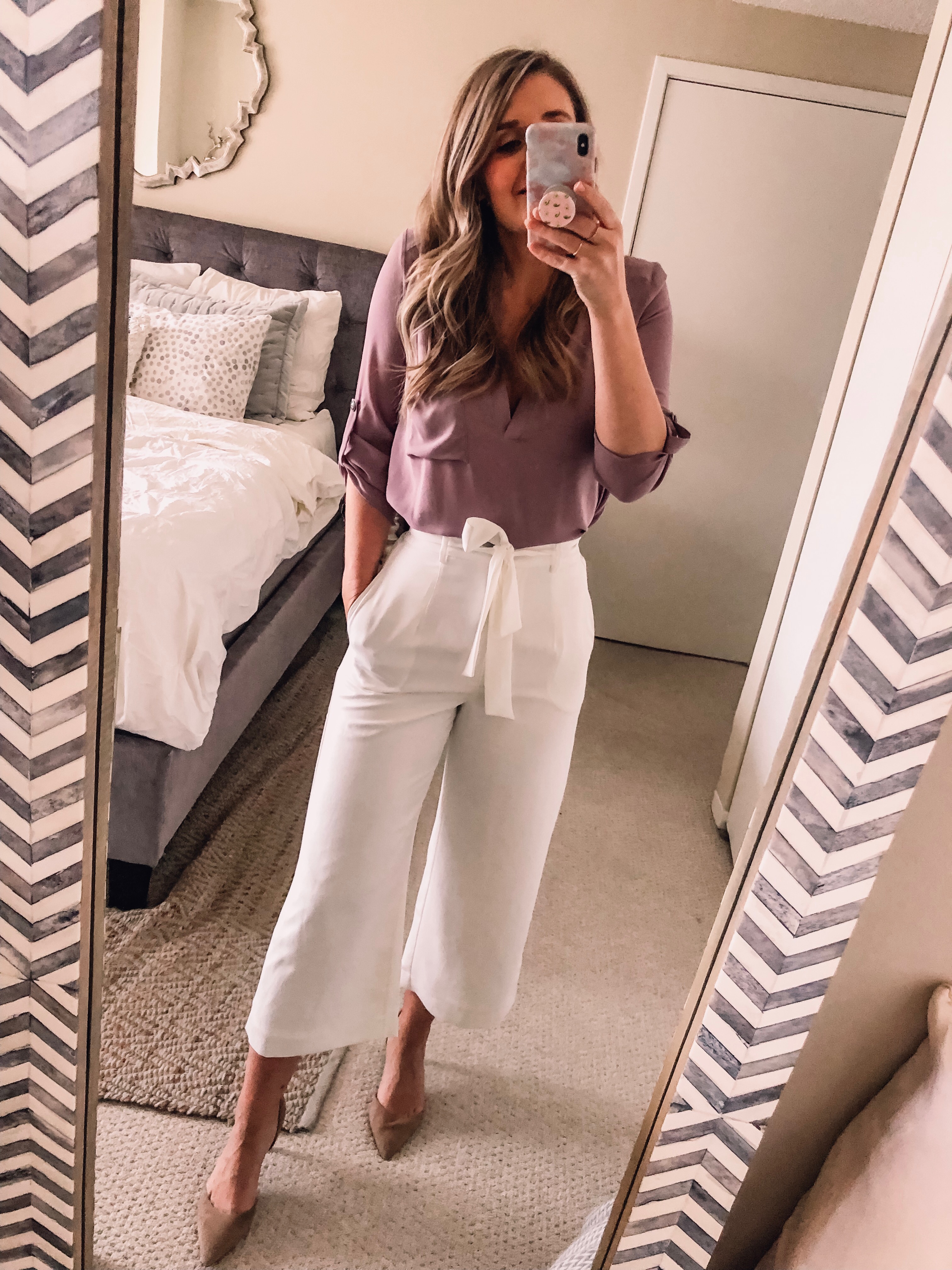Brown Blouse with White Wide Leg Pants