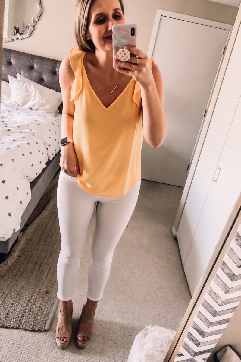 yellow ruffle blouse with white skinny jeans and beige DSW wedges