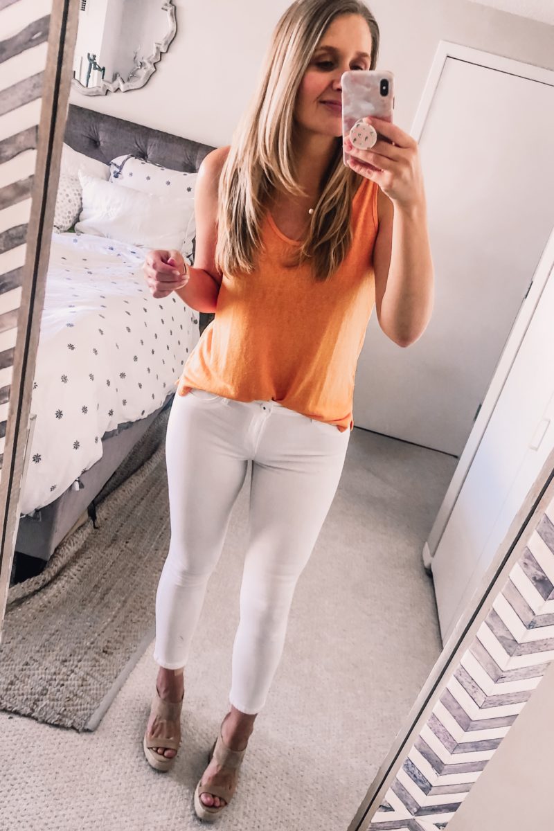 Yellow tank top and the best white skinny jeans