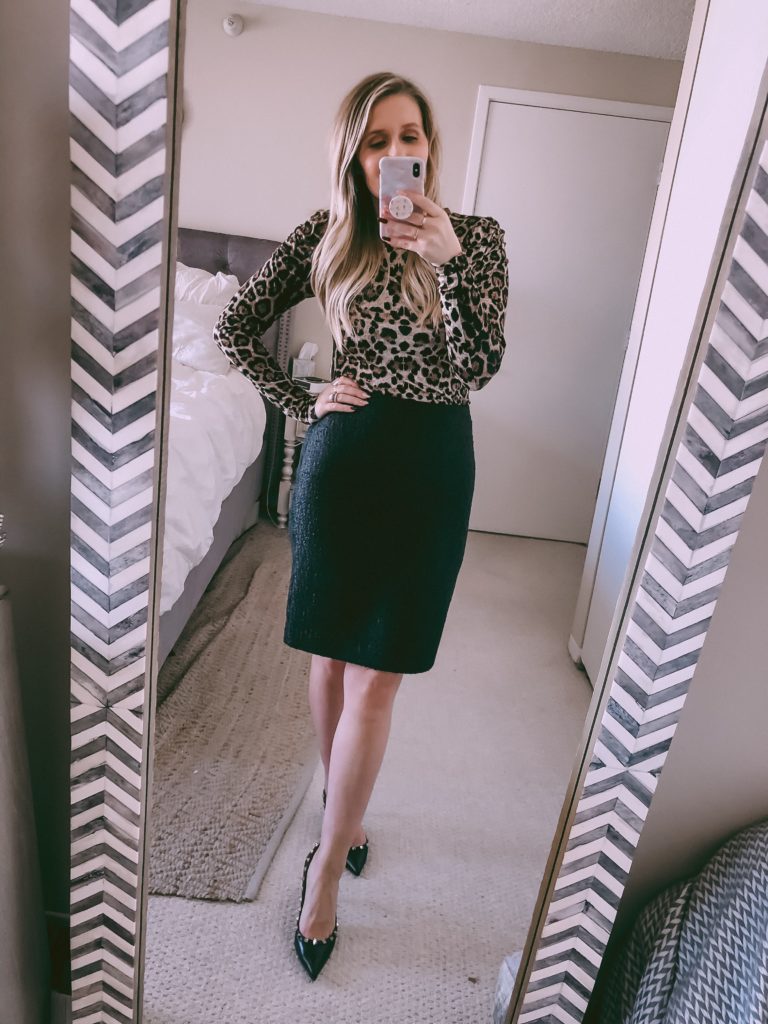 OOTD 10.30.19: Leopard Ruched Top and Tweed Pencil Skirt